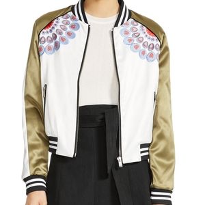 Maje White and Olive Embroidered Bomber Jacket